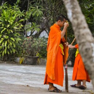 Mönch beim Fegen