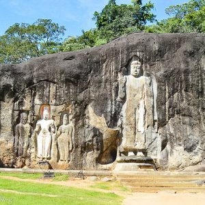 Fels mit Buddhas in Sri Lanka