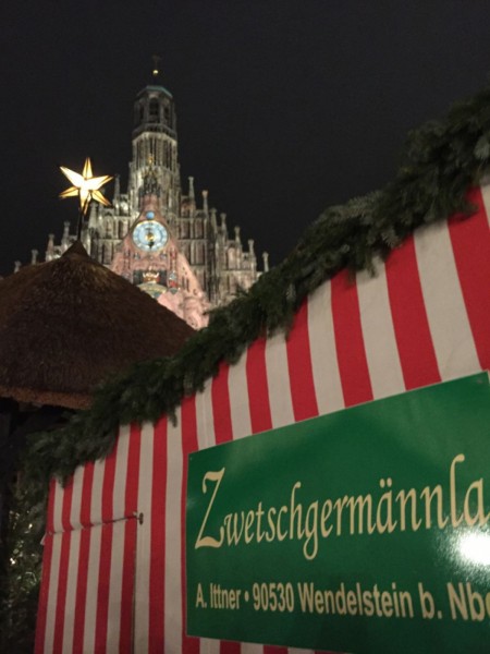 Church and stall at Nuremberg christmas market