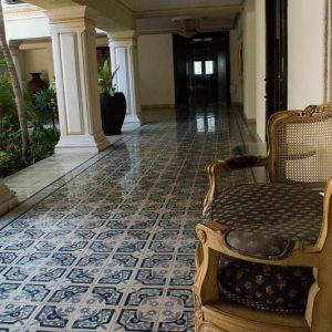 Blue floor tiles in a hotel in Mérida Mexico