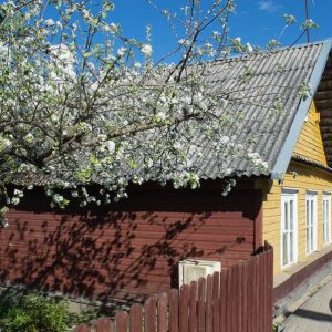 Yellow wooden house in Trakai
