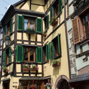Half timbered houses with flowers in Ribeauvillé